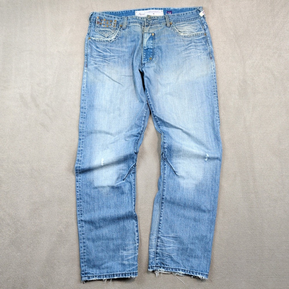 Akoo Y2K Streetwear Distressed Straight Leg Jeans 38 Blue Cotton Studded Wing
